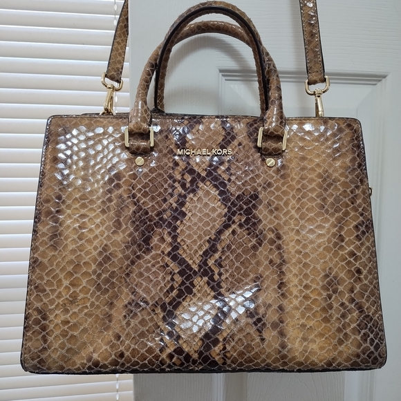 Michael Kors Brown And Tan Large Snakeskin Satchel Crossbody Bag Purse - Picture 1 of 16